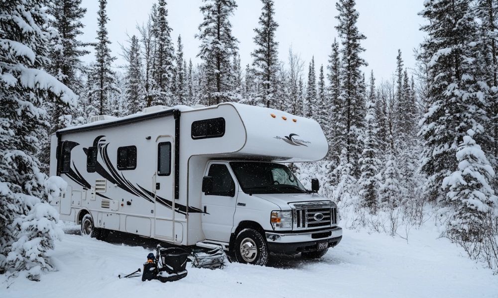 wohnmobil draussen überwintern, wohnmobil in verschneiter Winterlandschaft